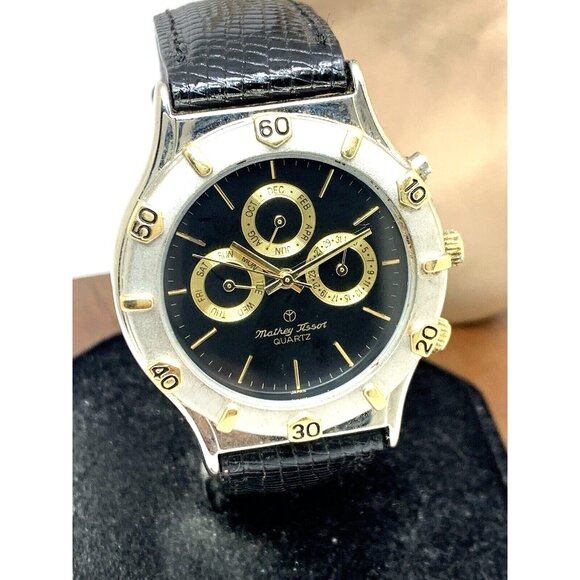 Mathey Tissot Men's Watch Quartz Black Dial Gold Steel Triple Date Leather 39mm